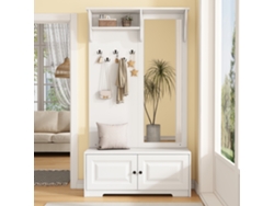 Mueble de entrada con espejo, 5 ganchos, 2 armarios, estante y zapatero, blanco, 100 x 40 x 180 cm, MOBRIO