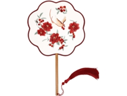 Abanico Chino Redondo Bordado Auténtica Mango Madera Elegante Accesorio Diy Decoración Clásica Tradicional