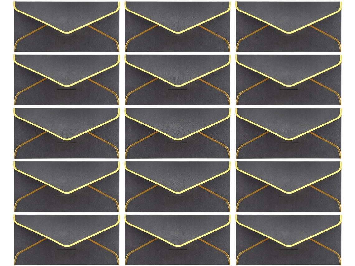 Paquete De 15 Sobres Negros, 22 X 11 Cm, Con Solapa En Forma De V Y Borde Dorado.