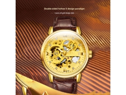 Reloj Mecánico Automático Esqueleto Para Hombre Tevise, Piel Auténtica, Resistencia Al Agua De 3 Atm, Color Dorado Luminoso.