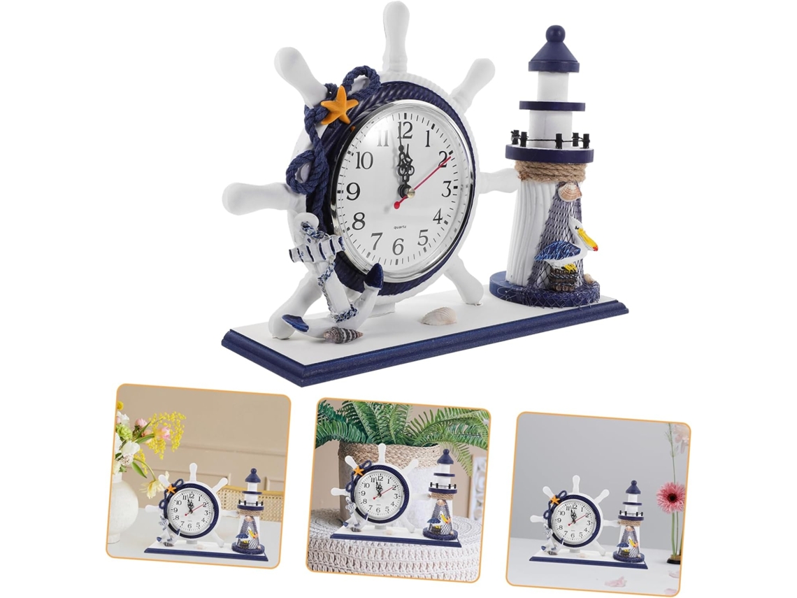 Reloj de mesa de madera con forma de faro mediterráneo. No necesita pilas. Gokoco
