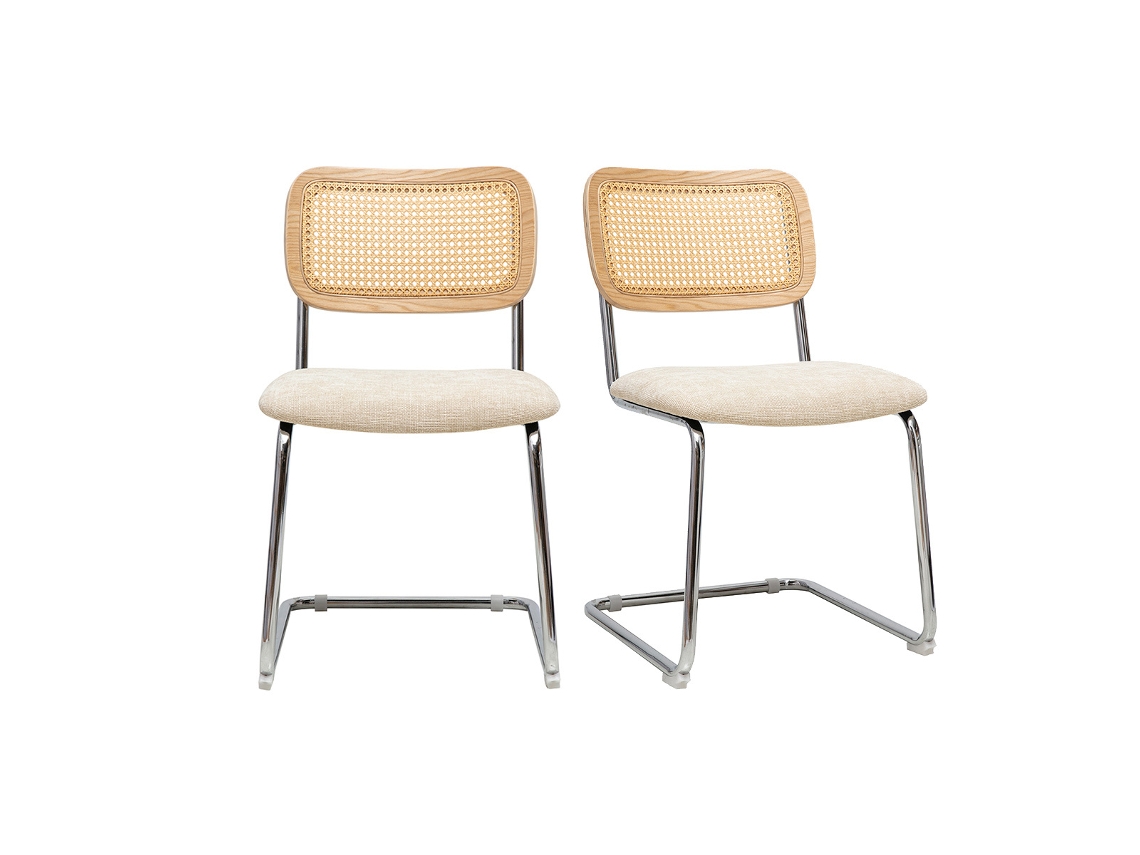 Sillas de diseño en lona texturizada efecto terciopelo beige, metal cromado y ratán Cannage (pack de 2) Electra Miliboo