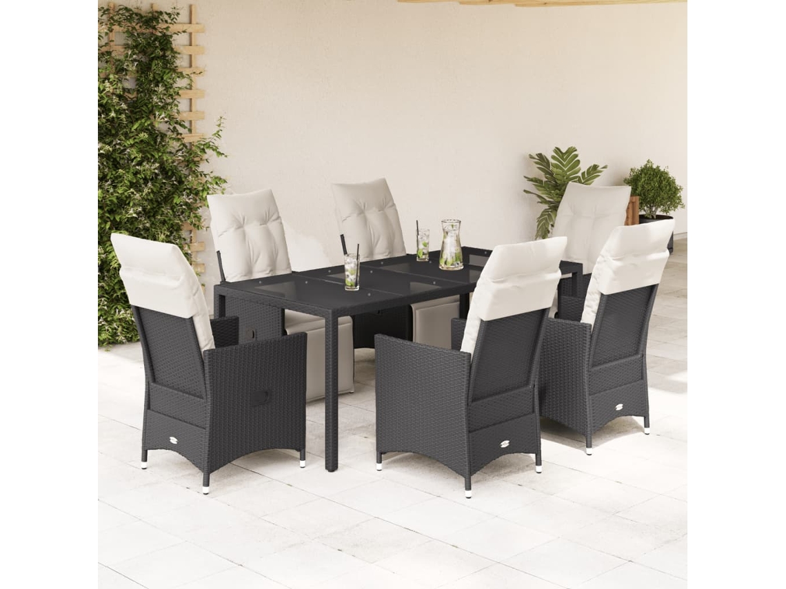 Juego de comedor de jardín de 7 piezas DKD Home Decor con cojines de mimbre negros