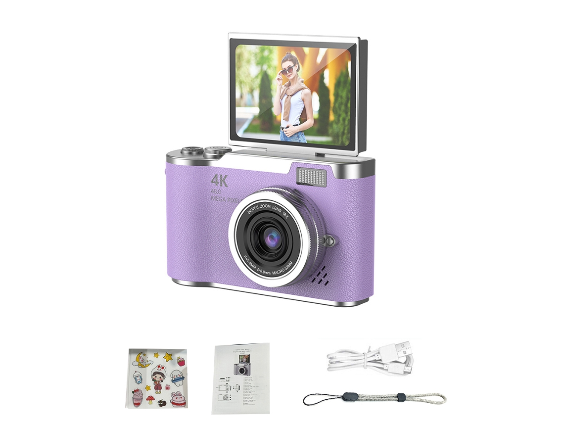 (morado - 64 Gb) Cámara Digital 4k - 48 Mp - Cámara Para Niños - Enfoque Automático - Pantalla De 2,4 Pulgadas - Abatible 180°