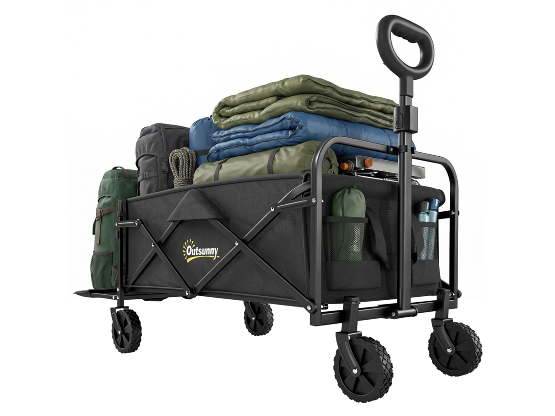 Carro De Jardín Plegable, 72 L, Asa Ajustable, Acero, Tela Oxford, 114 X 46 X 92 Cm, Negro.