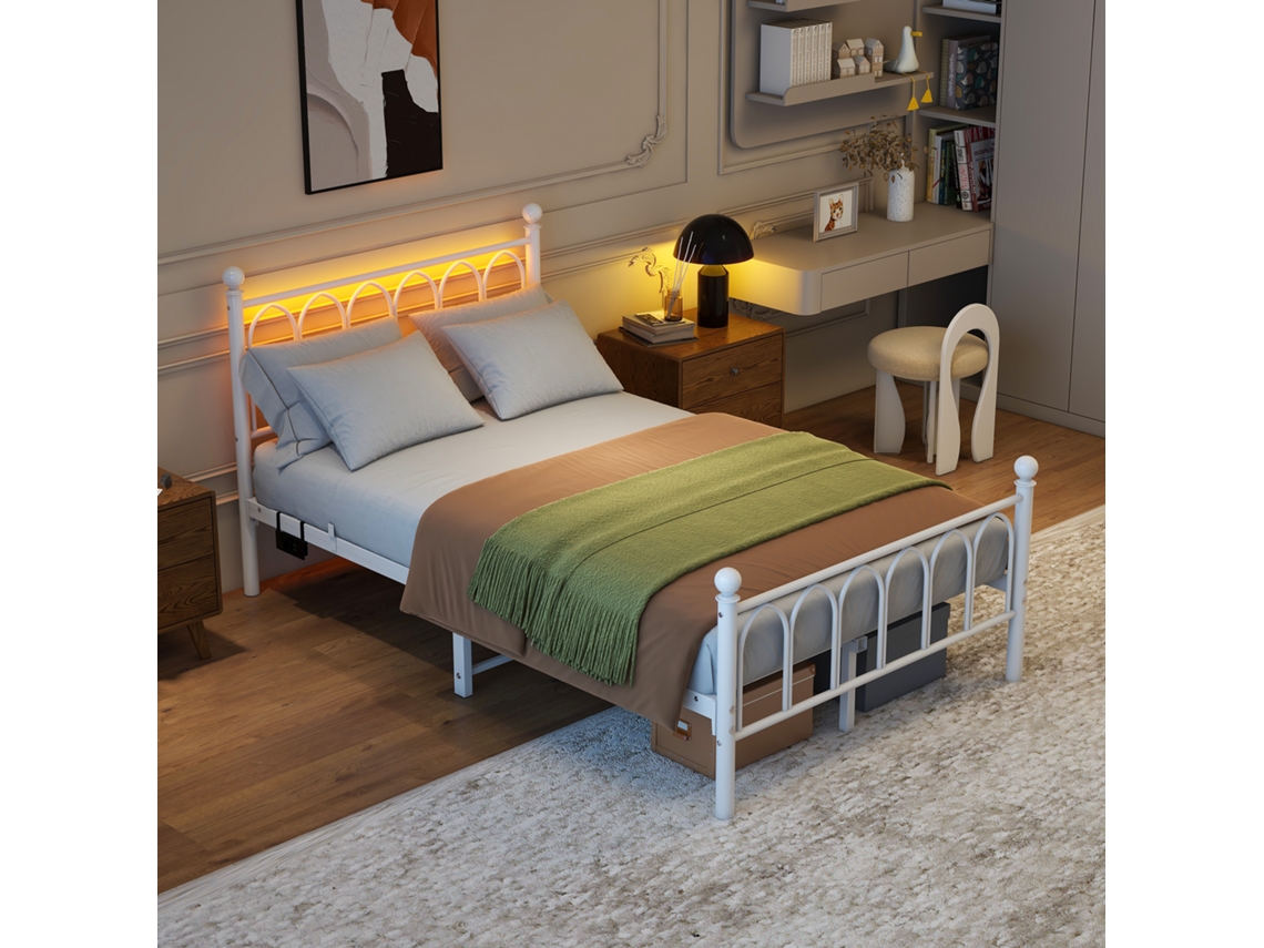 Marco De Cama 120x200 Cm, Metal Vintage, Cabecero Y Piecero Altos, Led, Usb, Almacenaje Debajo, Sólido, Fácil Montaje, Blanco
