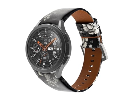Correa de reloj inteligente para Samsung Galaxy Watch5 Pro 45 mm/5 44 mm/5 40 mm Cuero genuino (Flores grises y negras)