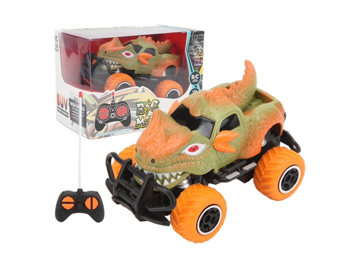 Coche todoterreno RC con control remoto de 4 canales, color naranja y verde.