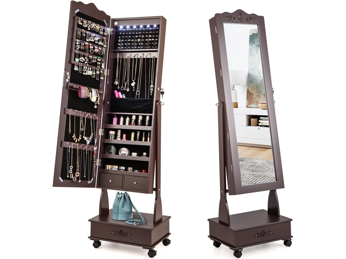 Organizador de Joyas Joyas Ruedas Joyerías Luces Led Cerradura Gabinete Joyería Espejo COSTWAY MDF Marrón (45x35x157cm)