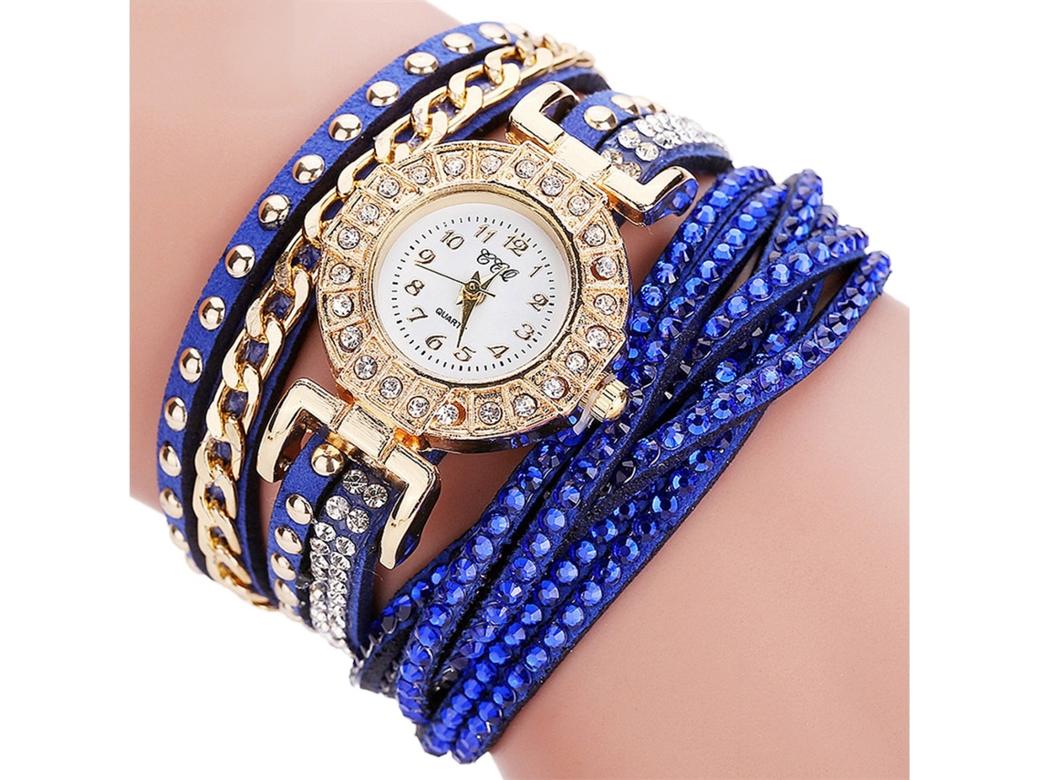 Reloj De Pulsera De Aleación Para Mujer Con Movimiento De Cuarzo Y Piedras Artificiales Azules Multicapa.