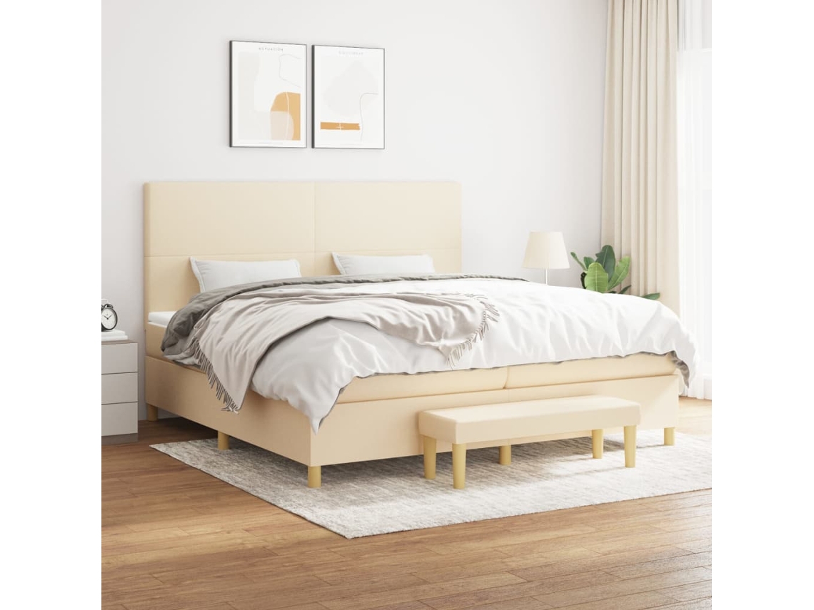 Cama Box Spring Con Colchón Tela Color Crema 200x200 Cm
