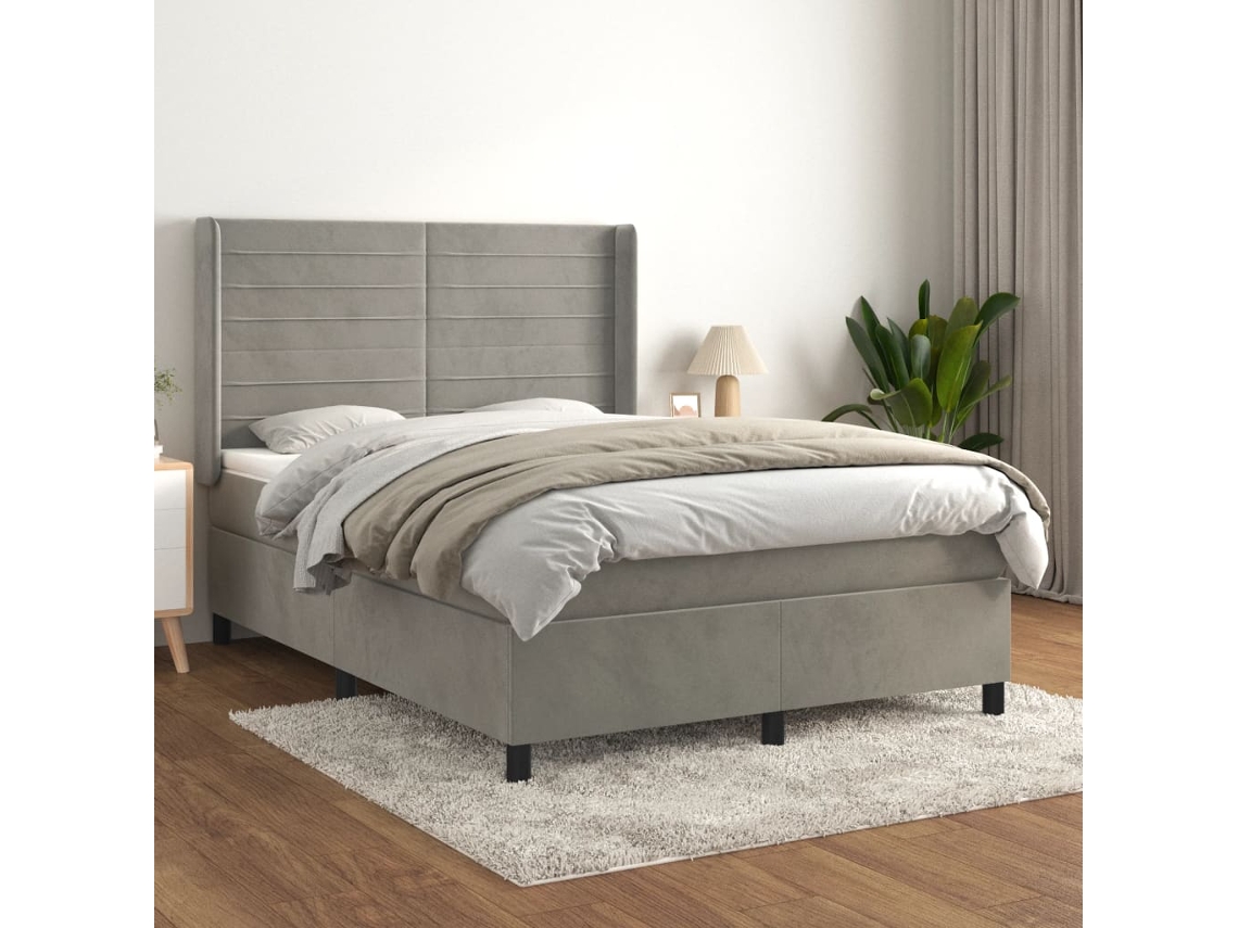 Cama Box Spring Con Colchón Terciopelo Gris Claro 140x190 Cm