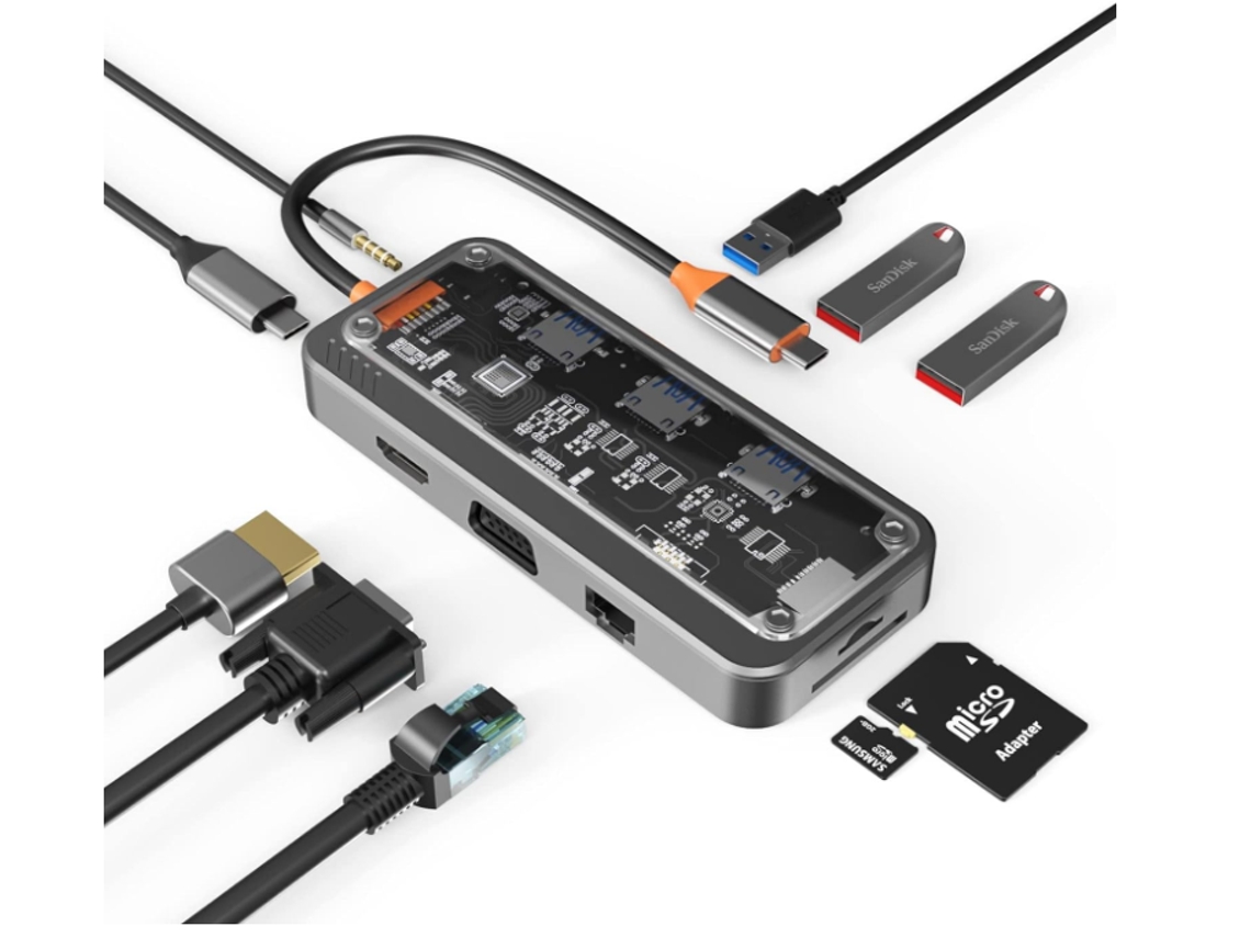Dongle USB C HUB, estación de acoplamiento con adaptador USB C 10 en 1 con 4K HDMI, VGA, PD tipo C, USB3.0, Ethernet RJ45, lector de tarjetas SD/TF, BISBISOUS