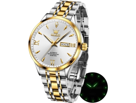 VEANXIN Reloj automático para hombre Calendario mecánico Reloj de negocios de acero inoxidable luminoso resistente al agua(Oro Blanco)