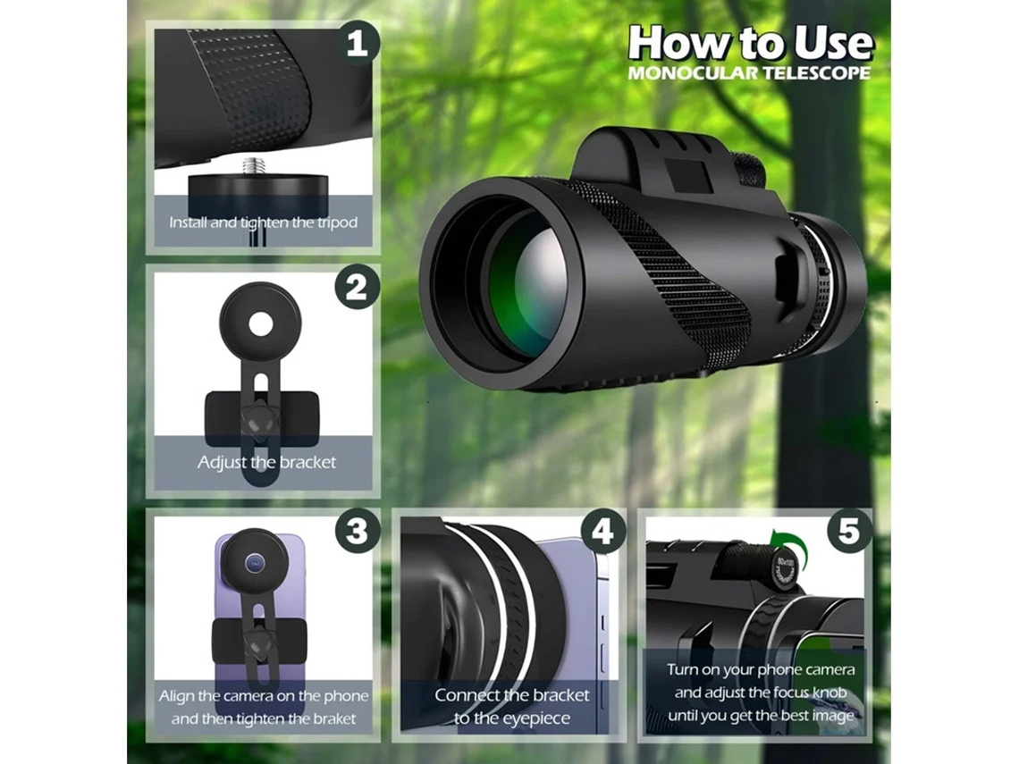 Telescopio monocular portátil con adaptador para smartphone, trípode monocular para observación de aves, caza, senderismo y acampada. Yizhood