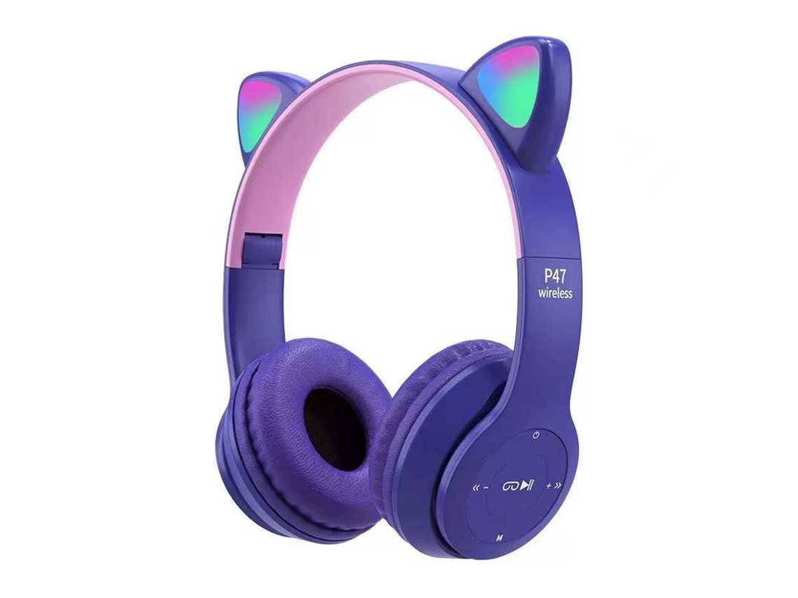 (p47m Morado) Auriculares Inalámbricos Con Orejas De Gato, Plegables, Con Linterna Led, Auriculares Bluetooth