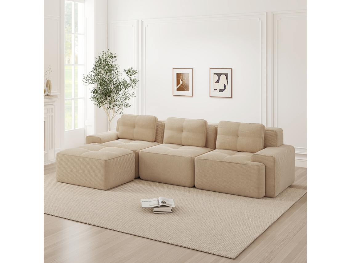 Sofá Modular L 3 Plazas - Boneless, Con Ottoman, Corduroy, Montaje Fácil - Beige