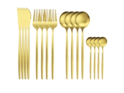 (oro) Juego De Cubiertos De Acero Inoxidable Y Vidrio De 16 Piezas, Que Incluye Cuchillo, Cuchara, Tenedor Y Servilleta.