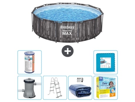 Piscina BESTWAY Round Steel Pro MAX - Impresión en madera - 366 x 100 cm - Bomba incluida - Escalera Accesorios CB26
