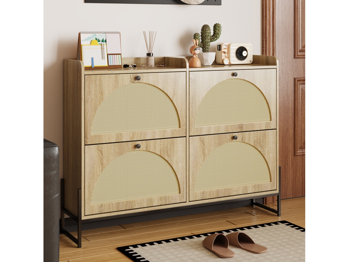 Zapatero estrecho con 4 puertas y estante ajustable, acabado natural, MOBRIO