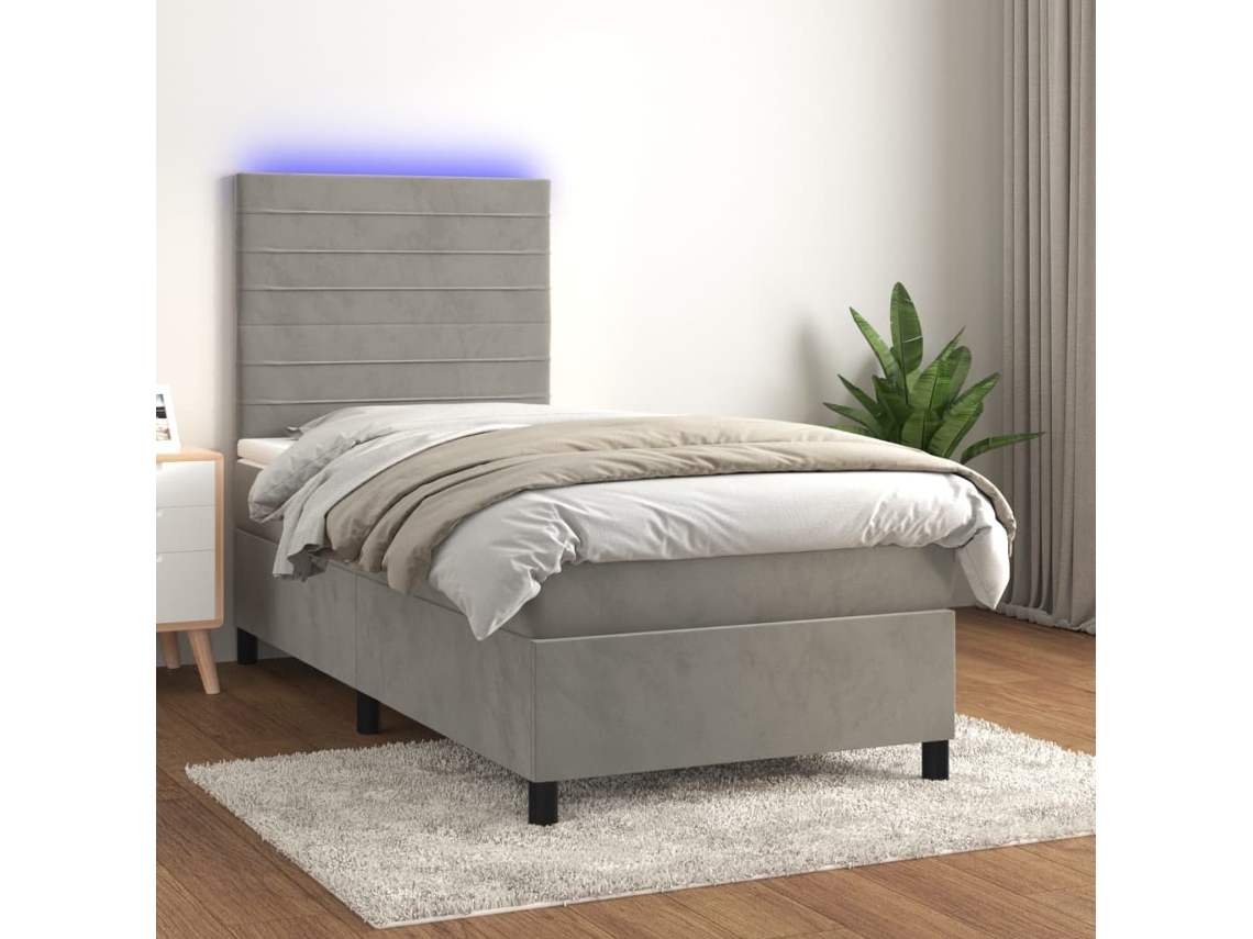 Cama Box Spring Colchón Y Led Terciopelo Gris Claro 80x200 Cm
