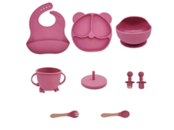Juego de 7 utensilios de silicona para destete con luz LED para bebés, ajustables con babero y ventosa, aptos para niños pequeños, color rosa