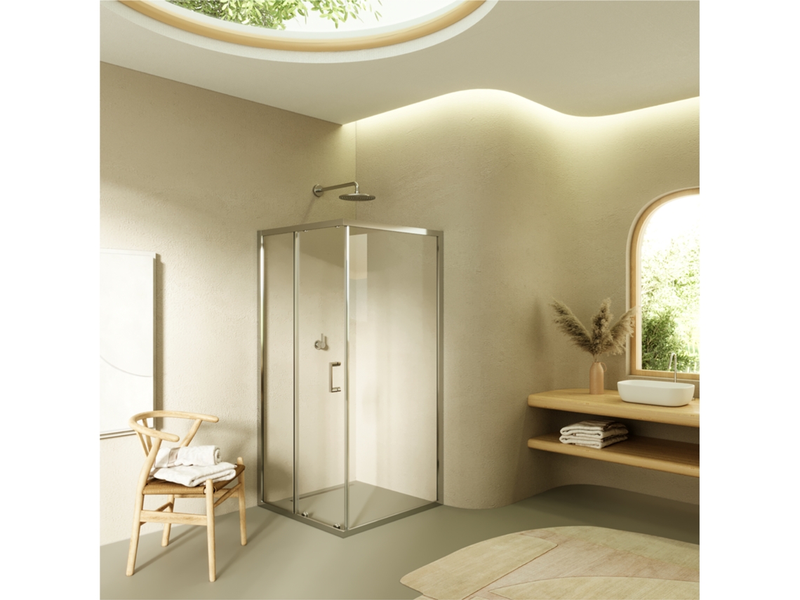 Cabina de ducha Dora de 85 x 100 x 190 cm con puerta corredera y 1 panel fijo, perfiles cromados y cristal templado transparente, Moments of Glass