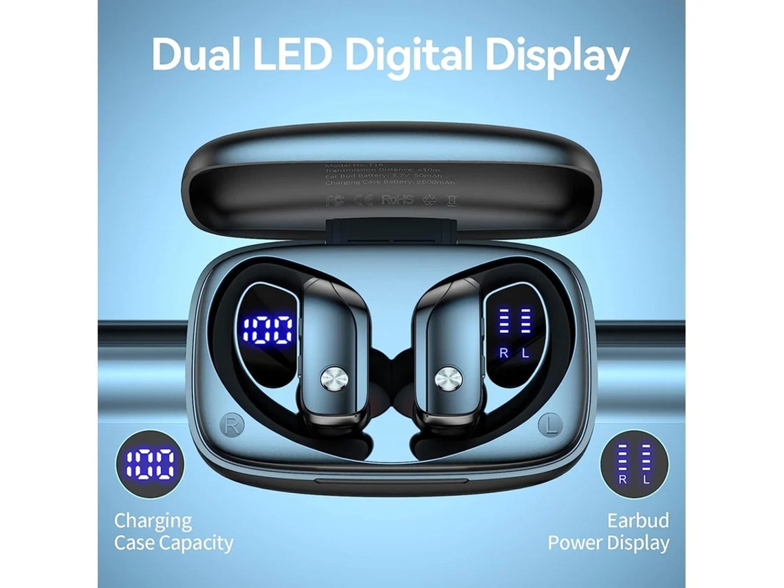 Auriculares Fios Horas Reprodução Desportivos Visor Led Ganchos Yizhood Bluetooth Negro