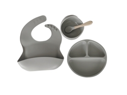 Set 4 Piezas Vajilla Silicón Bebé – Gris, Anti Golpes, Duradero
