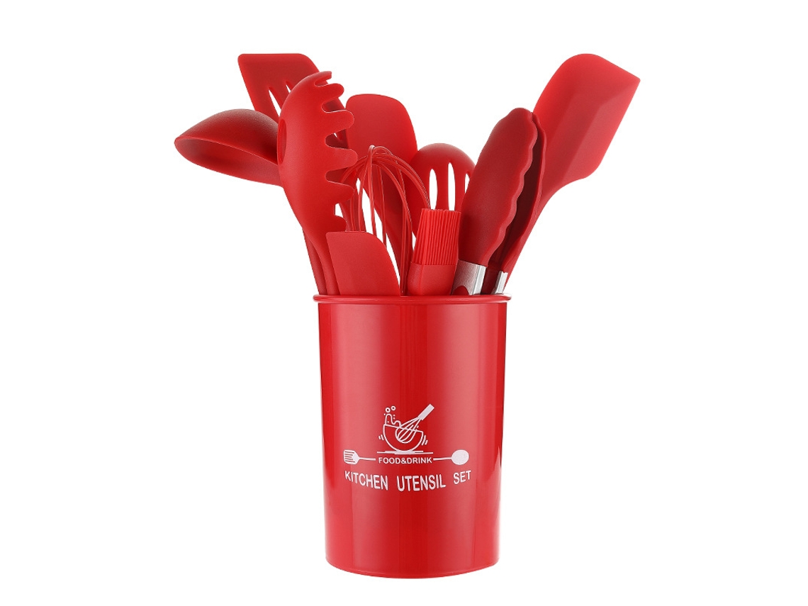 Juego De 11 Utensilios De Cocina De Silicona, Con Cubo De Almacenamiento, Para Hornear, Color Rojo Cuich