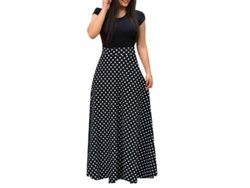 Vestido longo feminino 2026 com estampa floral, gola redonda, manga curta, ideal para festa na praia, tamanho G e estampa de bolinhas.