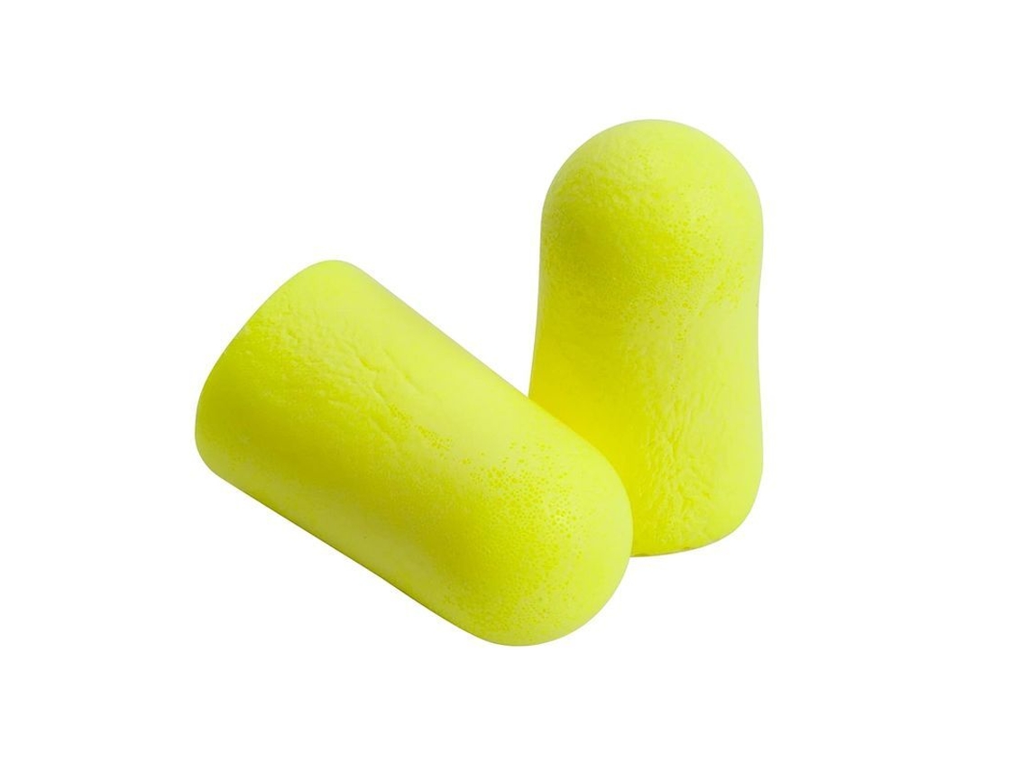 Auriculares desechables de color amarillo neón, modelo 2026, 250 pares por caja, relación señal/ruido de 36 dB, espuma sólida.