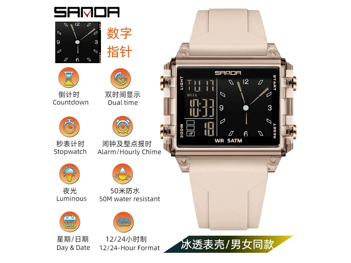 Reloj Electrónico Multifuncional Cuadrado Transparente Con Alarma Luminosa (color Albaricoque Transparente)