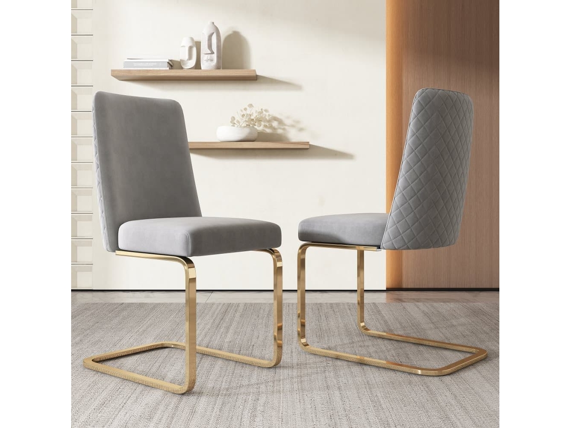 Silla Comedor Samt 2 Unidades - Diseño De Espalda Diamante, Patas Metálicas Doradas - Gris
