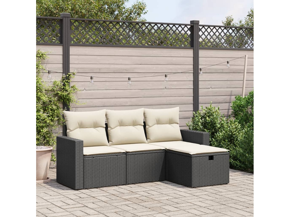 Conjunto de sofá de jardín de 4 piezas con cojines, mimbre sintético negro, Dkd Home Decor