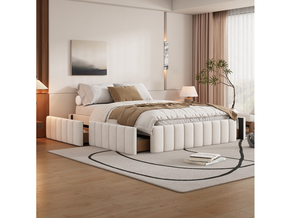 Estructura De Cama Beige De 140x200 Con Somier De Láminas, Sin Cabecero, Estilo Minimalista.
