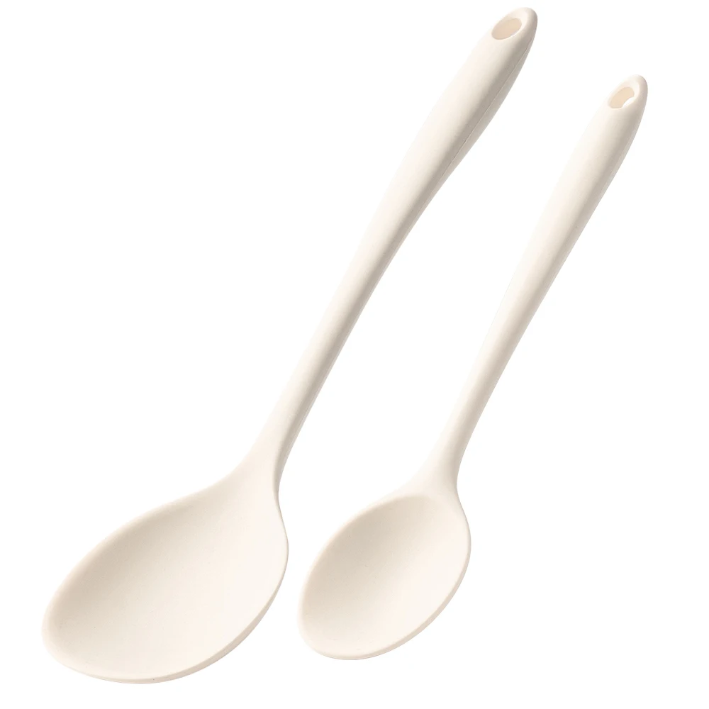 (Juego de 2 piezas en color blanco) Cucharas de sopa de silicona, antiadherentes y resistentes al calor, con mangos largos, ideales para cocinar en casa.