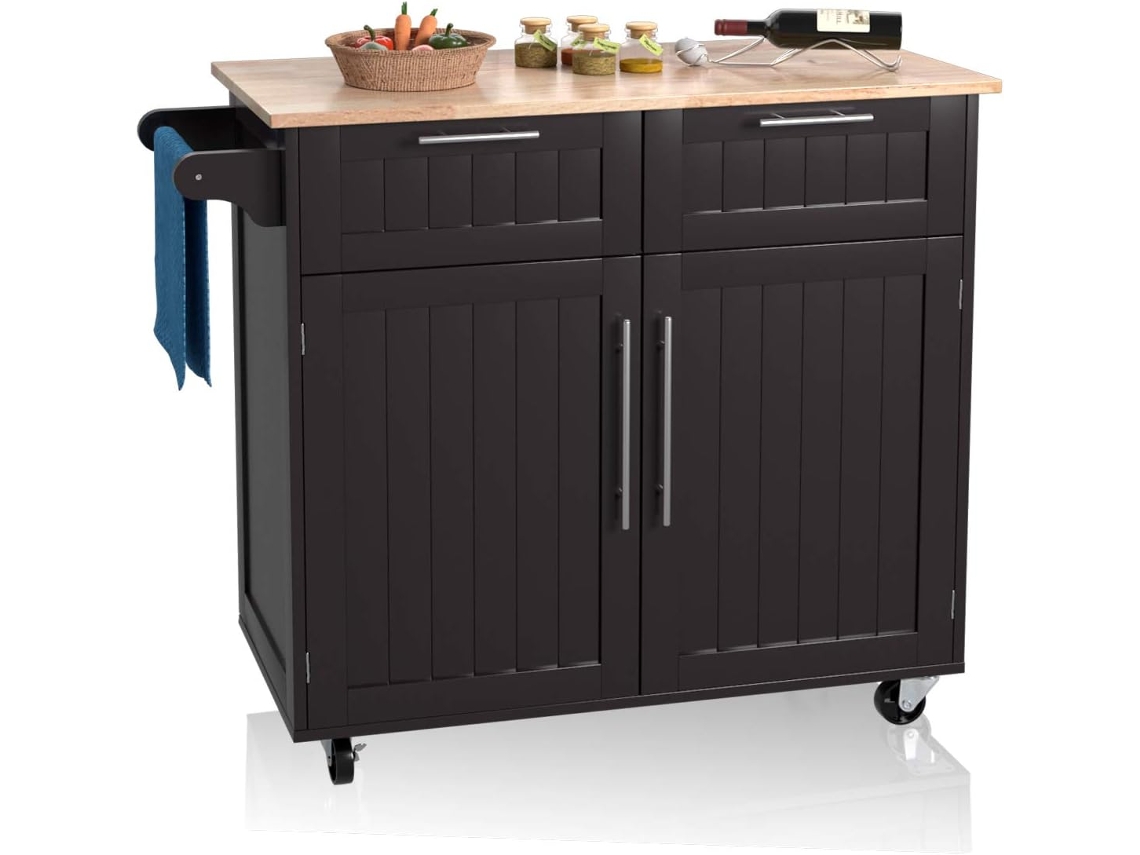 Isla de Cocina, Carro de Cocina Giratorio con Cajones de Almacenamiento y Grandes Armarios, Carro de Servir, 4 Ruedas Universales y Toallero COSTWAY