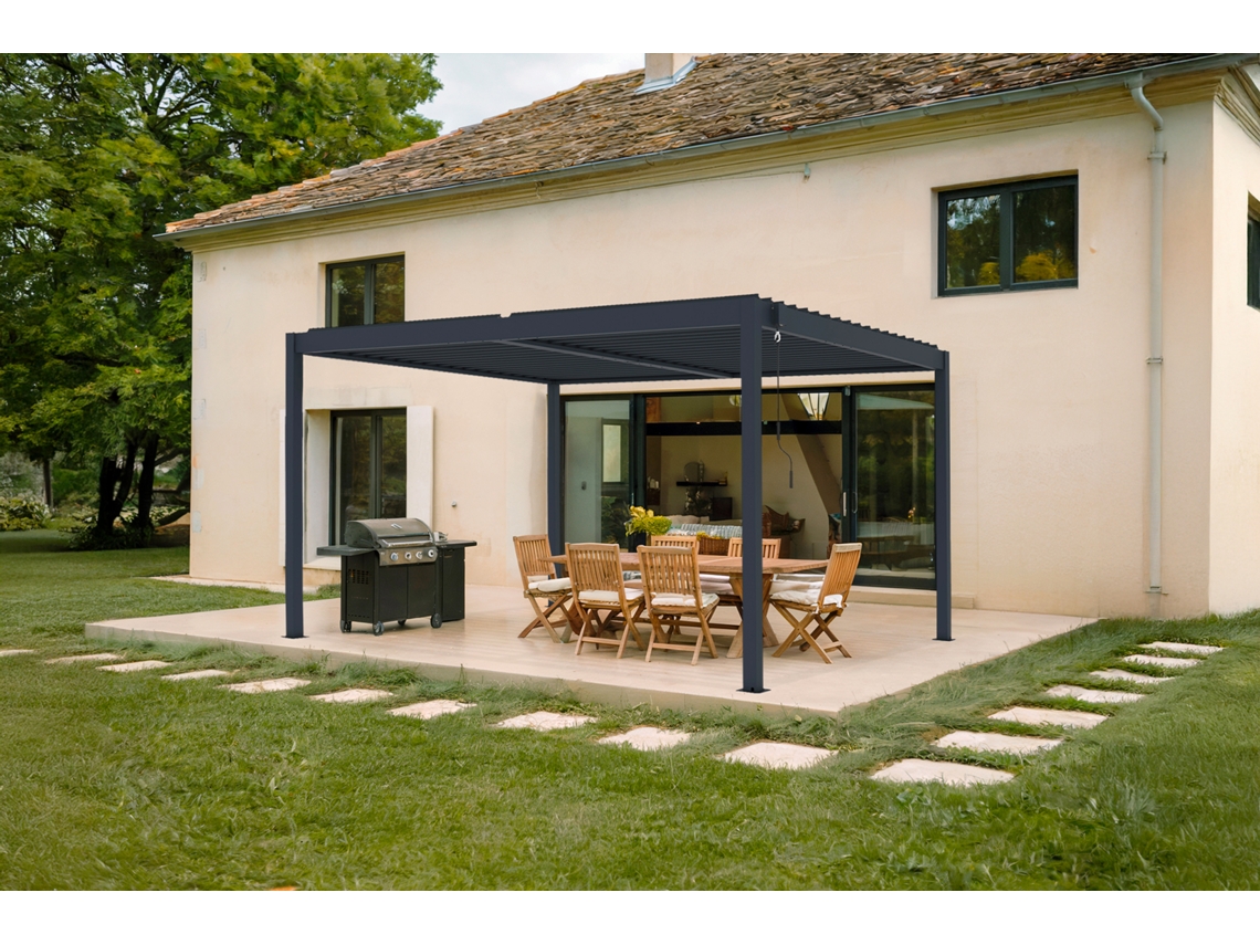 Pérgola bioclimática de aluminio 4x3m - lamas orientables - Gris antracita, Independiente en el jardín o terraza PIANA