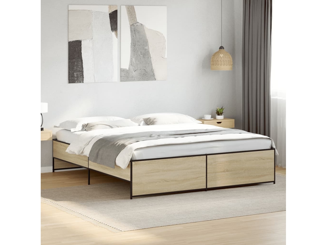 Estructura Cama Madera Ingeniería Metal Roble Sonoma 200x200 Cm