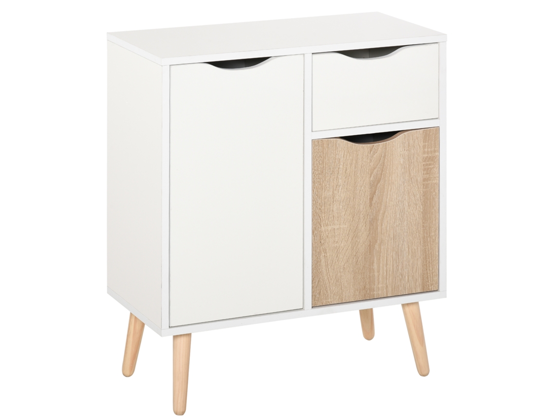 Mueble Aparador De Diseño Escandinavo Con 2 Cajones Deslizantes, Color Blanco Y Madera De Roble Claro.