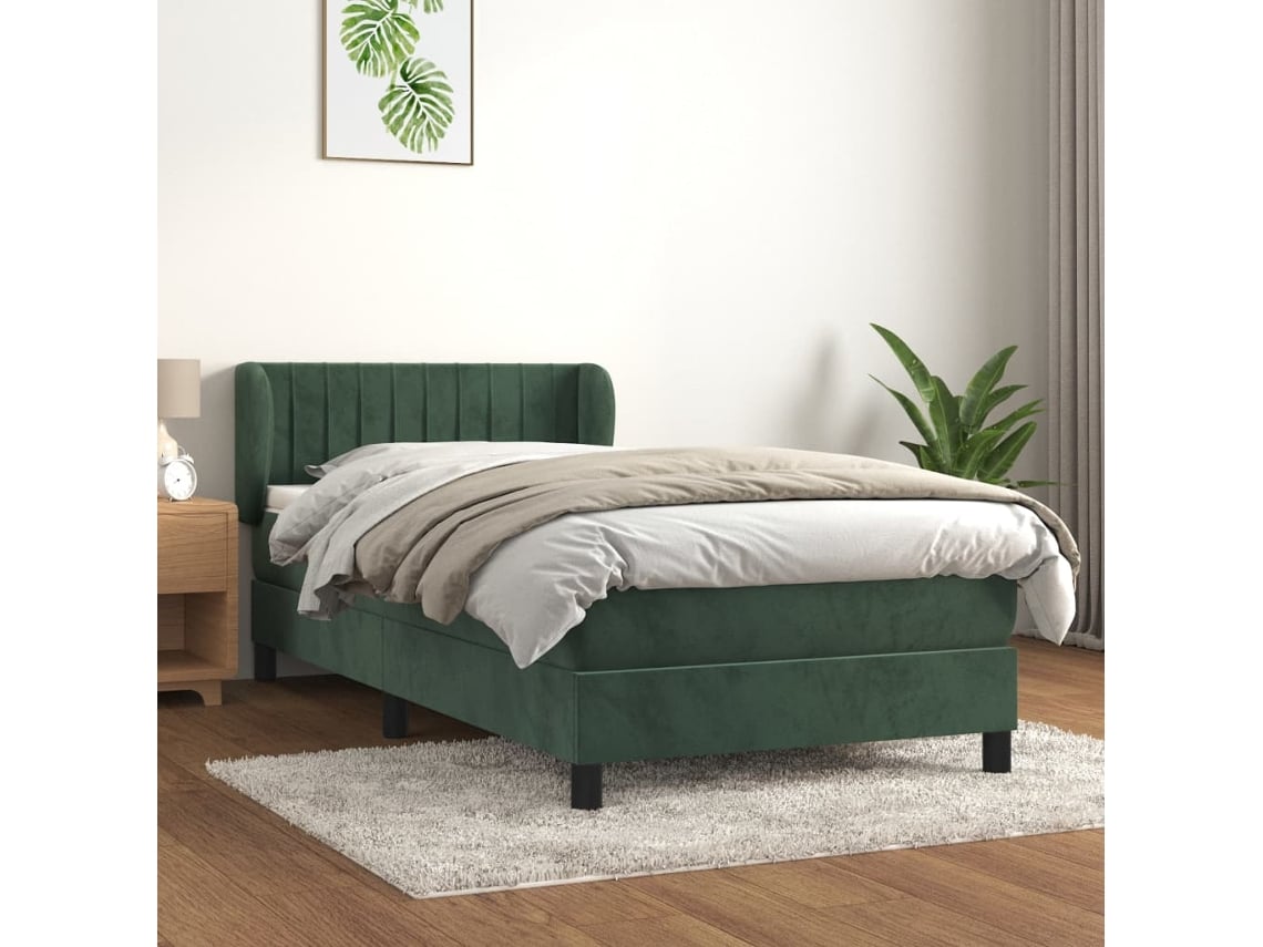 Cama Box Spring Con Colchón Terciopelo Verde Oscuro 80x200 Cm