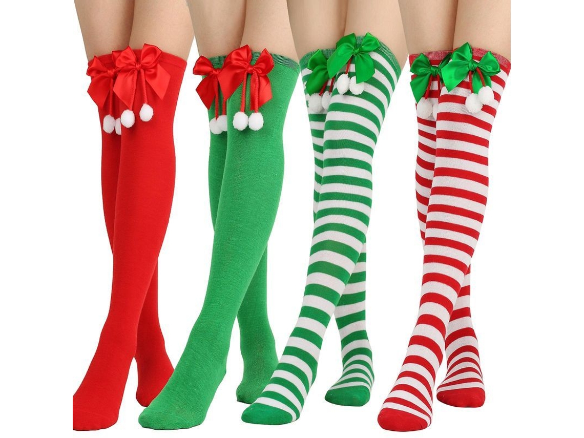 2026-4 Pares Medias Largas De Rodilla Para Mujer Con Rayas Y Lazo Navideño