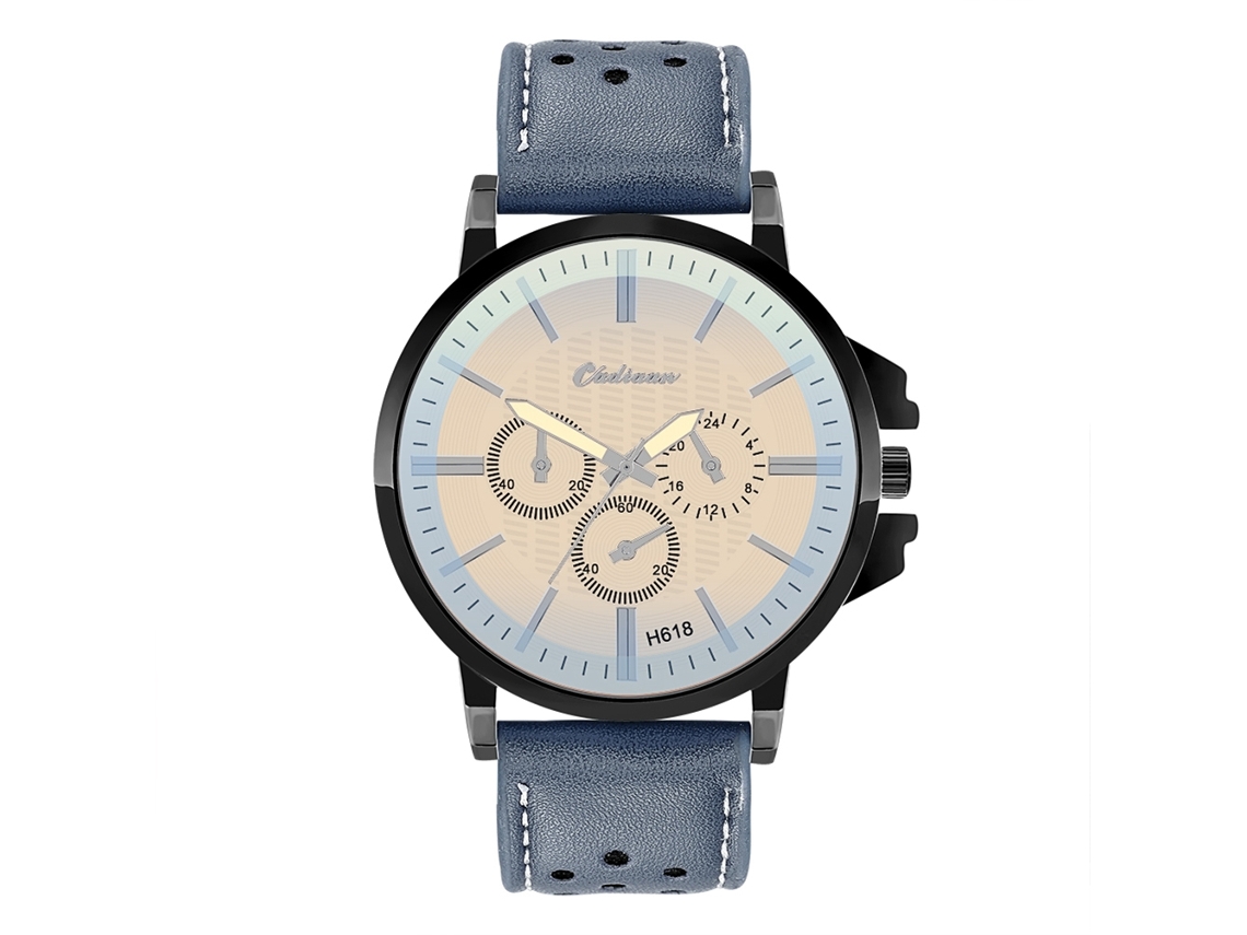 Reloj De Pulsera Unisex De Piel Sintética Con Esfera Azul Hematita De Tres Subesferas.