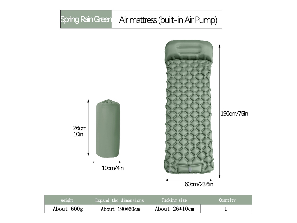 Colchoneta de camping Digitallab ultraligera, inflable con pedal, 190 x 60 cm, Lt04 (verde lluvia primaveral)