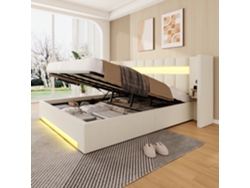 Cama multifuncional 180x200 cm - cabecero ancho, 2 USB, armario integrado, luz LED, sistema hidráulico, almacenaje bajo cama, TNT - beige