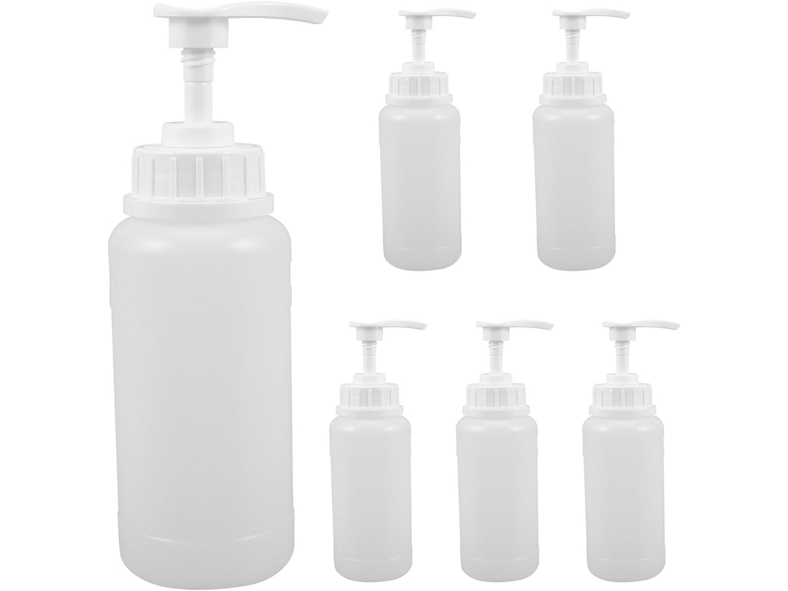 Juego de 6 dispensadores de jabón líquido recargables, ideales para el baño, la cocina y para viajes. Se pueden lavar en el lavabo.