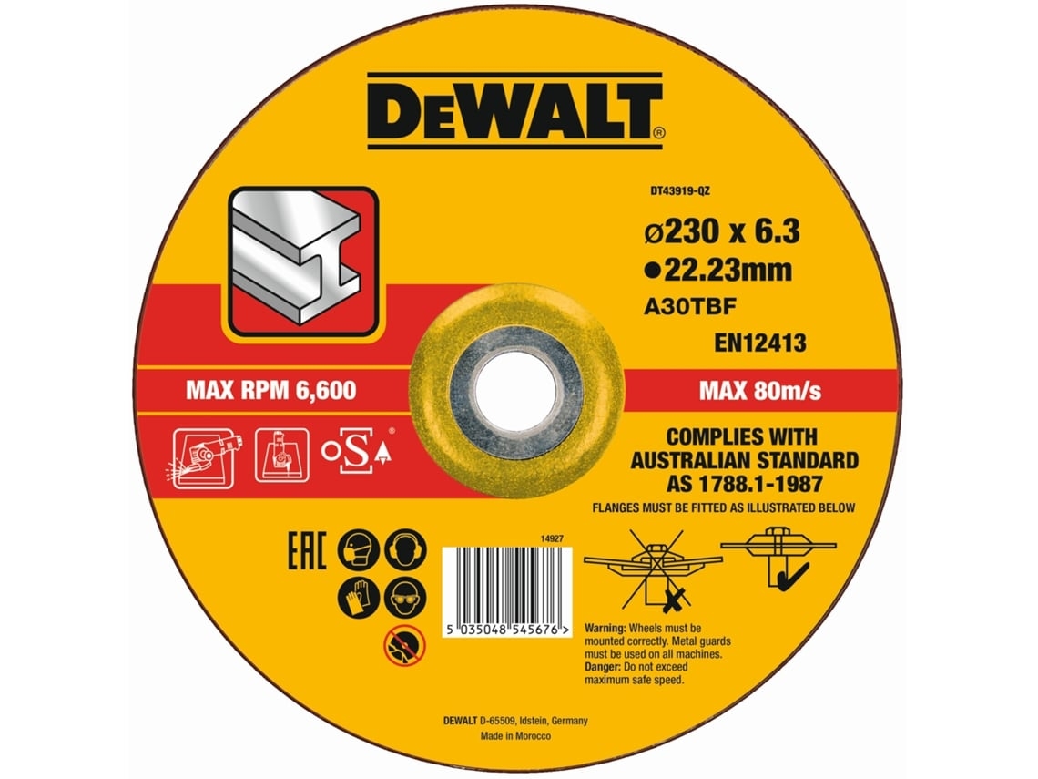 DEWALT DT43919-QZ - Disco de desbaste concavo para metal con grano profesional de óxido de alumínio 230 x 6.3 x 22.23mm