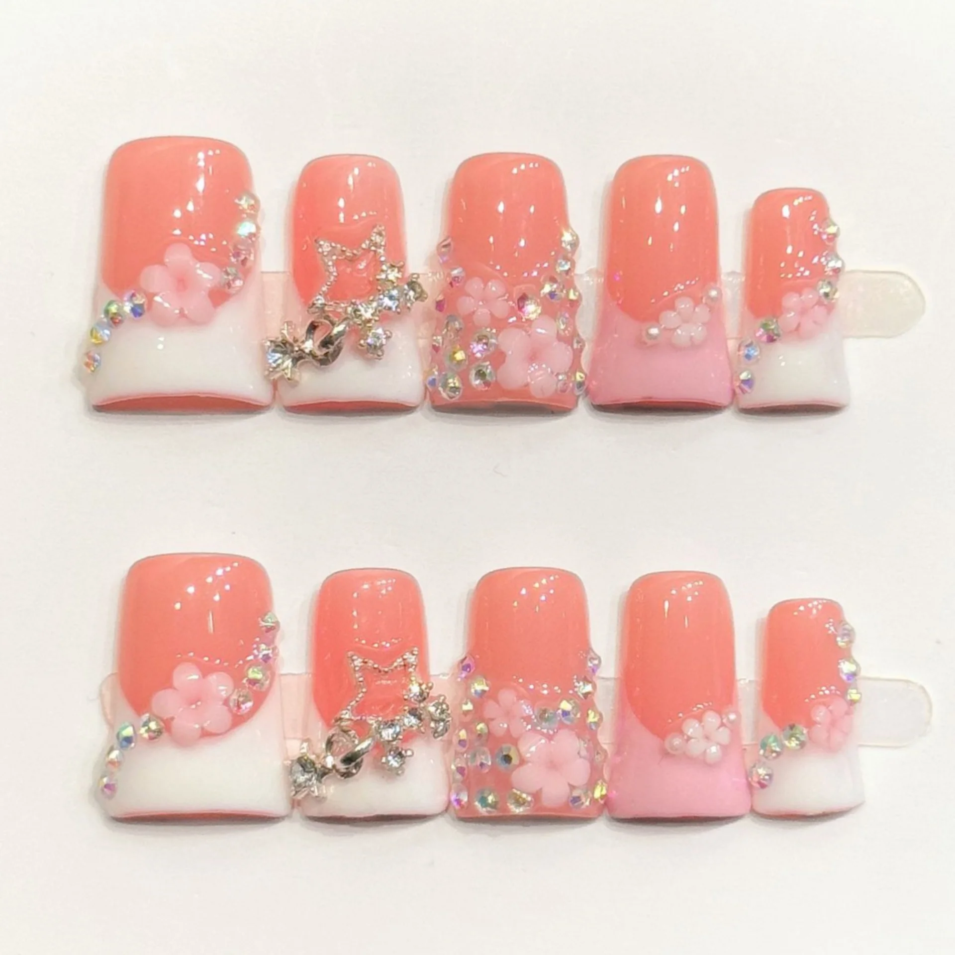 (k7-s) 10 Pegatinas De Uñas Postizas Hechas A Mano Con Forma De Pico De Pato Rosa