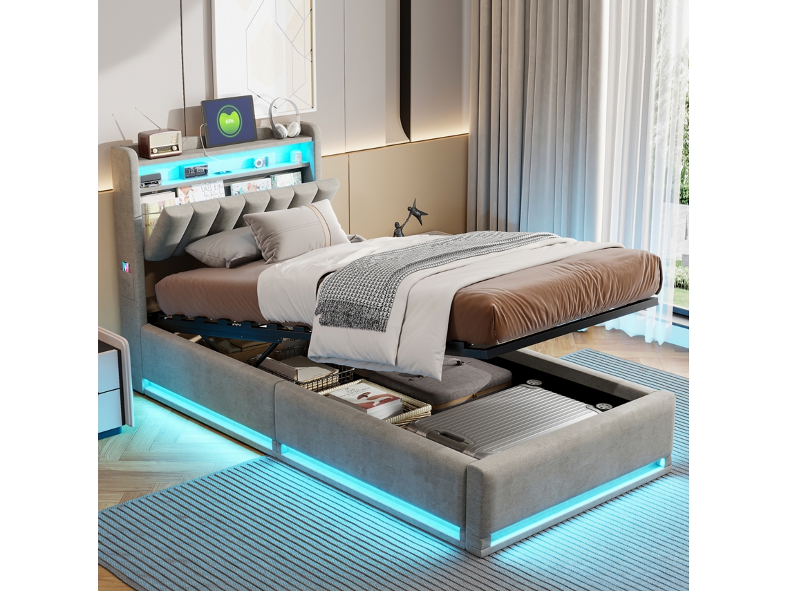 Cama Individual Tapizada De 90 X 200cm, Con Iluminación Led Y Puerto Usb, Barra Hidráulica De Almacenamiento, Terciopelo, Gris, Sin Colchón